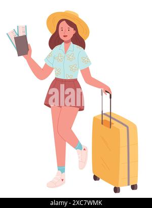 Femme voyageuse porter des vêtements décontractés tenir un billet de passeport valise faire geste gagnant isolé sur fond Uni. Voyage touristique à l'étranger en libre t Illustration de Vecteur