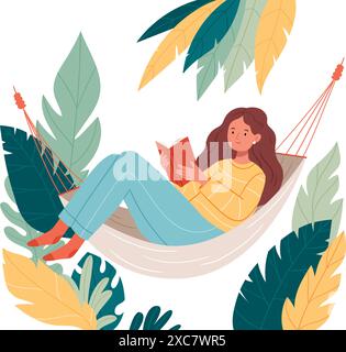 Jolie jeune femme souriante se trouve sur un hamac et lisant un livre. Jeune femme lisant le livre, couché avec le chat à l'extérieur sur les vacances d'été. Repos calme confortable, rela Illustration de Vecteur