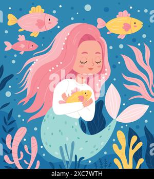 Une sirène avec des cheveux roses embrasse un Goldfish.Corals, collection marine, illustration vectorielle, beau graphique de sirène pour les imprimés d'enfants, t-shirts, fonds d'écran, Illustration de Vecteur
