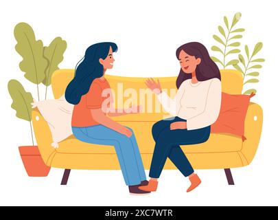 Illustration vectorielle de dessin animé d'amis de femme souriante. Femme heureuse riant et bavardant assis sur un canapé confortable. Les gens passent du temps ensemble havi Illustration de Vecteur