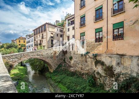 Vue panoramique sur les bâtiments historiques et le pont de pierre sur la rivière Darro à Grenade, Espagne, mettant en valeur le charme du vieux monde et les environs pittoresques. Banque D'Images