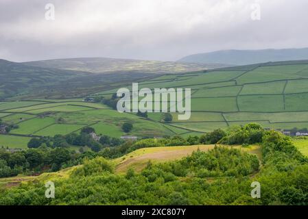 Patchwork de champs verts au-dessus du village de Hayfield dans le Peak District, Derbyshire, Angleterre. Banque D'Images