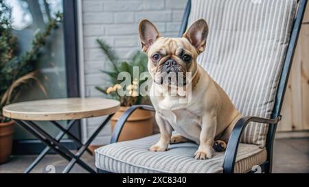 Joli bouledogue français crème assis sur la chaise. Banque D'Images