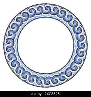 Cadre en mosaïque ronde avec boucles de vagues de mer dans le style portugais, décor de bordure de cercle avec ornement grec, vecteur Illustration de Vecteur