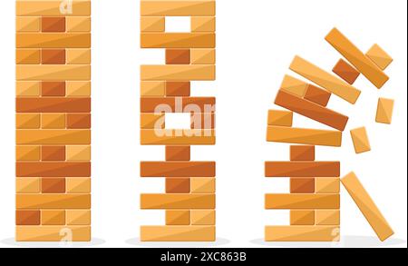 Jeux de tour pour l'icône des enfants dans un style plat. Illustration vectorielle de puzzle de bloc en bois sur fond isolé. Concept commercial de signe de jeu d'équilibre. Illustration de Vecteur