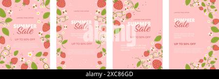 Ensemble de quatre affiches de vente d'été avec un fond rose, décoré de fraises, d'abeilles et de fleurs. Les affiches annoncent une offre limitée dans le temps WIT Illustration de Vecteur
