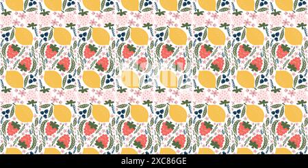 Motif joyeux sans couture avec des illustrations de fraises blanches, framboises, citrons, mûres, fleurs roses, et des feuilles vertes, arrangé i Illustration de Vecteur