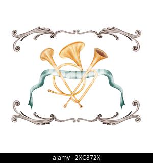 Décoration murale vintage carrée. Cadre de style ancien avec trompettes fanfare et cornes décorées de ruban bleu. Illustration d'aquarelle dessinée à la main Banque D'Images