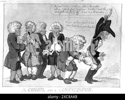 Une gravure colorée satirique de 1803 représente cinq médecins examinant Napoléon, dont l'un inspecte son extrémité arrière. L'image commente avec humour la santé des Napoléons et le climat politique de l'époque. Banque D'Images