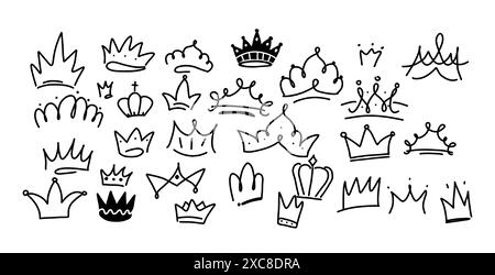 Série d'illustrations en forme de couronne en noir et blanc sur fond blanc isolé. Différentes dimensions et décorations, adaptées pour embellir g Illustration de Vecteur