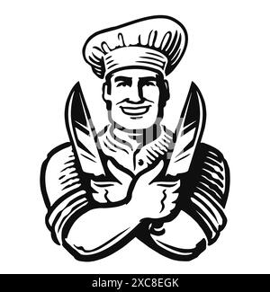 Chef croisé les bras avec des couteaux à découper la viande. Emblème de cuisinier masculin heureux. Logo boucherie noir et blanc Illustration de Vecteur