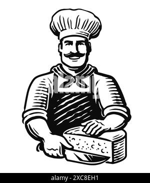 Cheesemaker coupe un morceau de fromage avec un couteau. Emblème ou logo du chef et des produits laitiers. Illustration vectorielle de nourriture de ferme Illustration de Vecteur