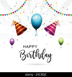 Carte d'anniversaire joyeuse sur fond de casquette d'anniversaire et de ballons holyday Illustration de Vecteur