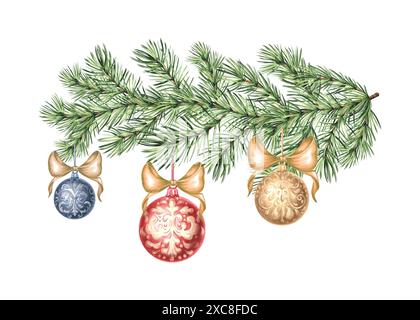 Boules d'arbre de Noël avec des noeuds de soie sur la branche d'épicéa. Illustration d'aquarelle dessinée à la main conception de vacances du nouvel an. PIN avec décoration en vintage Banque D'Images