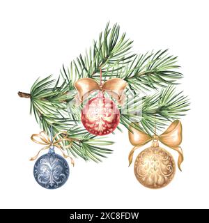 Boules d'arbre de Noël avec des noeuds de soie sur la branche d'épicéa. Illustration d'aquarelle dessinée à la main conception de vacances du nouvel an. PIN avec décoration en vintage Banque D'Images