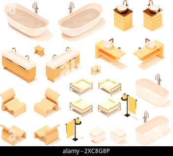 Mobilier de salle de bain isométrique vectoriel et appareils de plomberie. Équipement de salle de bains et matériel sanitaire. Baignoire, WC, lavabo, robinet, évier Illustration de Vecteur