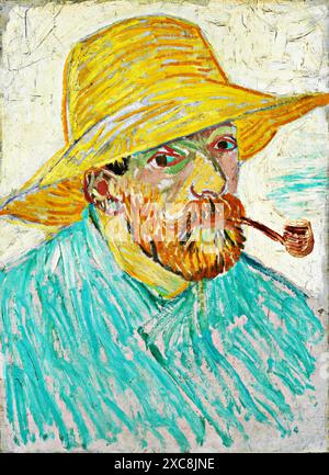 Autoportrait avec Pipe et chapeau de paille, 1887 (peinture) artiste Gogh, Vincent van (1853-90) Néerlandais. Illustration de Vecteur