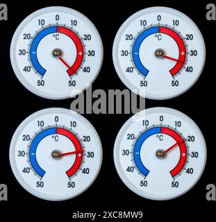 Thermomètre en été avec des températures allant de 20 à plus de 40 degrés Celcius Banque D'Images