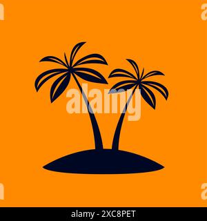 Cocotiers africains ou palmiers tropicaux sur Orange. Silhouette noire simple pour éco Floral logo emblème dans Retro Art, ou Design de logo de voyage Illustration de Vecteur