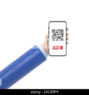 3d dessin animé rend les mains féminines smartphone et utilise le service d'application mobile avec la conception de bannière de code QR de balayage. Technologie et concept d'entreprise.rendu 3D. Banque D'Images