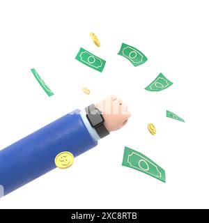 3d dessin animé rendre bras d'homme avec montre à main ou réveil et volant autour de la conception de bannière de billets de banque et de pièces de monnaie. Gagner de l'argent, Investment.rendu 3D. Banque D'Images