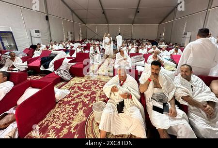 Pèlerins de Gaza en l'honneur du gardien des deux saintes mosquées, le roi Salman bin Abdulaziz Al Saoud, pèlerins de Gaza en l'honneur du gardien des deux saintes mosquées, le roi Salman bin Abdulaziz Al Saoud, arrivent sur le mont Arafat pendant le pèlerinage du Hajj 2024, au sud-est de la Mecque, Arabie saoudite, 15 juin 2024. Les pèlerins ont commencé à affluer dans les plaines du mont Arafat dès les premières heures de la journée pour accomplir l'un des rituels les plus importants du pèlerinage du Hadj. Les autorités saoudiennes ont déclaré que plus de 1,5 millions de pèlerins sont arrivés en Arabie saoudite pour la saison du Hadj de cette année. Les musulmans qui assistent à ce YE Banque D'Images