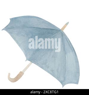 Parapluie bleu ouvert design classique, poignée en métal, vue de côté. Dessin aquarelle fait à la main sur un fond blanc Banque D'Images