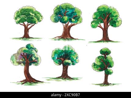 Ensemble de divers arbres d'aquarelle sur fond blanc Illustration de Vecteur