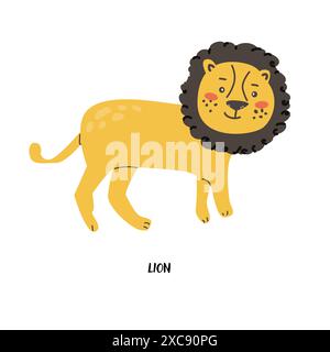 Lion de carte d'animal d'enfant pour l'éducation. Motif jardin d'enfants. Carte flash d'animal africain mignon sur la langue anglaise. Affiche drôle de personnage de dessin animé pour Illustration de Vecteur