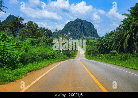 Route sinueuse traversant une jungle luxuriante entourée de falaises karstiques calcaires en Asie du Sud-est (Thaïlande, entre Krabi, Phang Nga et Phuket) Banque D'Images