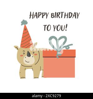 Enfant carte d'animal hippopotame anniversaire avec texte de félicitations. Joli motif de célébration d'animaux africains. Carte de voeux avec petit animal sauvage pour enfantin Illustration de Vecteur