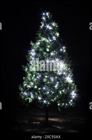 Lumières blanches luisant sur un arbre de Noël arificial à l'extérieur dans la nuit pour une utilisation comme élément graphique. Banque D'Images