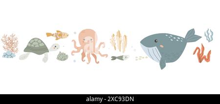 Fond d'animal marin pour enfants avec coquille. Bordure des éléments nautiques. Mignon poisson ou habitant de l'océan avec des algues. Vie sauvage marine, animaux marins avec p Illustration de Vecteur