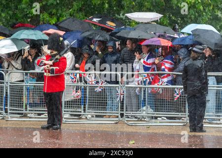 Londres, Royaume-Uni. 15 juin 2024. Une forte pluie tombe sur le Mall alors que la foule attend de voir le roi Charles et la famille royale retourner au palais de Buckingham après avoir triopé la couleur. Plus de 1 400 soldats de défilé, 200 chevaux et 400 musiciens participent à la cérémonie de Trooping the Colour (défilé de l'anniversaire du roi) pour marquer l'anniversaire officiel du souverain. Credit : Stephen Chung / Alamy Live News Banque D'Images