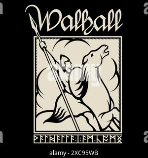Vieux Norse, design viking. Guerrier viking sur cheval de guerre avec lance et bouclier dessinés dans un style rétro vintage. Inscription Valhalla Illustration de Vecteur
