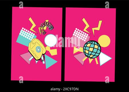 fond musical des années 90. Affiches disco rétro avec des éléments y2k ou 00s. Matériel de jeu ou de musique, ordinateur portable des années 90 Fond lumineux pour le réseau social Illustration de Vecteur