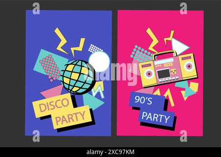 fond musical des années 90. Affiches disco rétro avec des éléments y2k ou 00s. Matériel de jeu ou de musique, ordinateur portable des années 90 Fond lumineux pour le réseau social Illustration de Vecteur