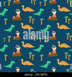 Motif d'animaux pour enfants de la collection mignonne de dinosaures bébé. Pour textile. Conception de chambre d'enfant. Fond de dinosaures pour enfants avec arbre tropical. Enfantin Illustration de Vecteur