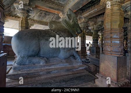 06 04 2014 Vieux Nandi vintage au temple Nritya mantapa Madhukeshwara, Banavasi. Ratha Beedi, Banavasi, Karnataka Inde Asie. Banque D'Images