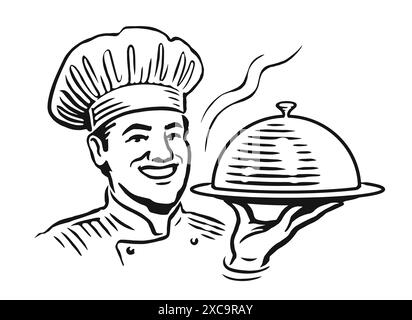 Chef cuisinier heureux dans le plateau de maintien de chapeau pour les plats chauds. Dessin noir et blanc pour la conception du menu de restaurant ou de café Illustration de Vecteur