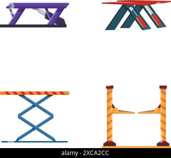 Les icônes d'ascenseur d'automobile définissent le vecteur de dessin animé. Tour de support pour ascenseur de voiture variée. Service de voiture, remplacement de roue Illustration de Vecteur