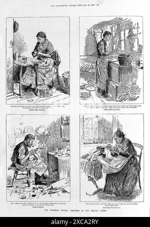 Une série de quatre dessins à la plume et à l'encre tirés de l'Illustrated London News, 1888, représentant des femmes travaillant dans diverses industries. Les images montrent une femme cousant, une femme préparant de la nourriture, une femme fabriquant des chapeaux et une femme travaillant sur une machine à coudre. Ces illustrations offrent un aperçu de la vie des femmes qui travaillent dans le Londres victorien. Banque D'Images