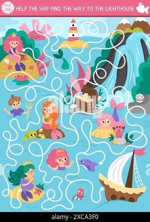 Labyrinthe de sirène pour les enfants avec paysage de lagune, princesse. Activité imprimable marine préscolaire. Jeu de labyrinthe de Royaume océanique de conte de fées, puzzle. Feuille de travail Illustration de Vecteur
