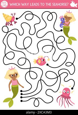 Labyrinthe de sirène pour les enfants avec hippocampe, crabe, poisson, méduses. Activité imprimable marine préscolaire. Jeu de labyrinthe de Royaume océanique de conte de fées, puzzle. Eau Illustration de Vecteur