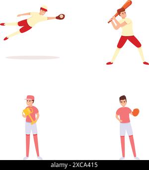 Les icônes de jeu de baseball définissent le vecteur de dessin animé. Action variée du joueur de baseball. Jeu de sport d'équipe Illustration de Vecteur