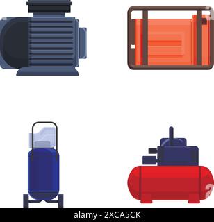 Diverses icônes de compresseur définissent le vecteur de dessin animé. Type différent de compresseur d'air. EQUIPEMENT industriel Illustration de Vecteur