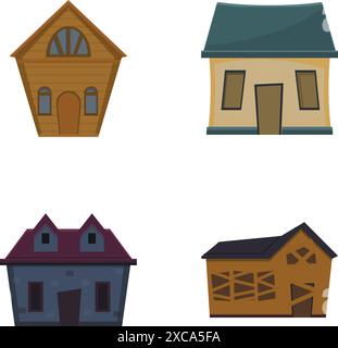 Les icônes de maison en décomposition définissent le vecteur de dessin animé. Divers logements en mauvais état. Thème de l'architecture Illustration de Vecteur