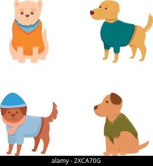 Les icônes de chien de dessin animé définissent le vecteur de dessin animé. Race différente de chien dans des vêtements lumineux. Animal de compagnie mignon, mode Illustration de Vecteur
