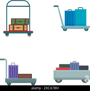 Les icônes de chariot à bagages définissent le vecteur de dessin animé. Valise de voyage variée sur chariot. Bagages de voyage Illustration de Vecteur