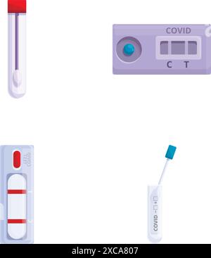 Les icônes de test COVID définissent le vecteur de dessin animé. EQUIPEMENT de dépistage du coronavirus. Pandémie mondiale de virus Illustration de Vecteur